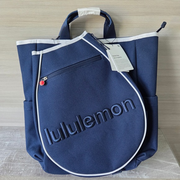 lululemon athletica Handbags - Lululemon Racket Bag Backpack Tote Blue White Cotton Canvas Convertible 19L NEW